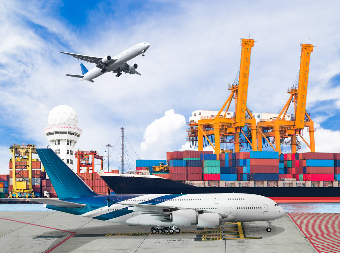 Ship loading container with freight cargo plane for logistic